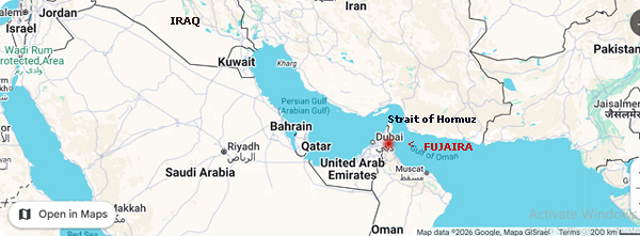 The map shows the Strait of Hormuz locked in the Gulf war